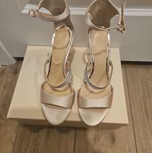 Badgley Mischka Champagne Satin Crystal-Accent Ankle-Strap Heels